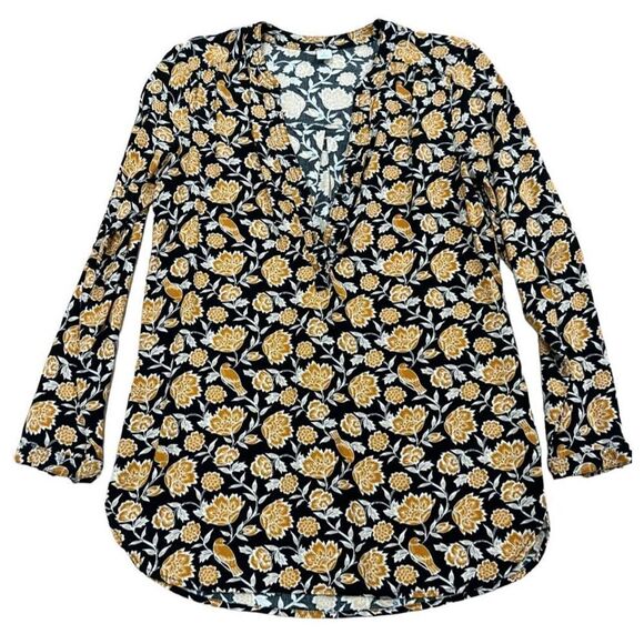 Old Navy Blouse Top Womens Small Black Gold Floral Print Boho Tunic Split V Neck - Picture 2 of 6